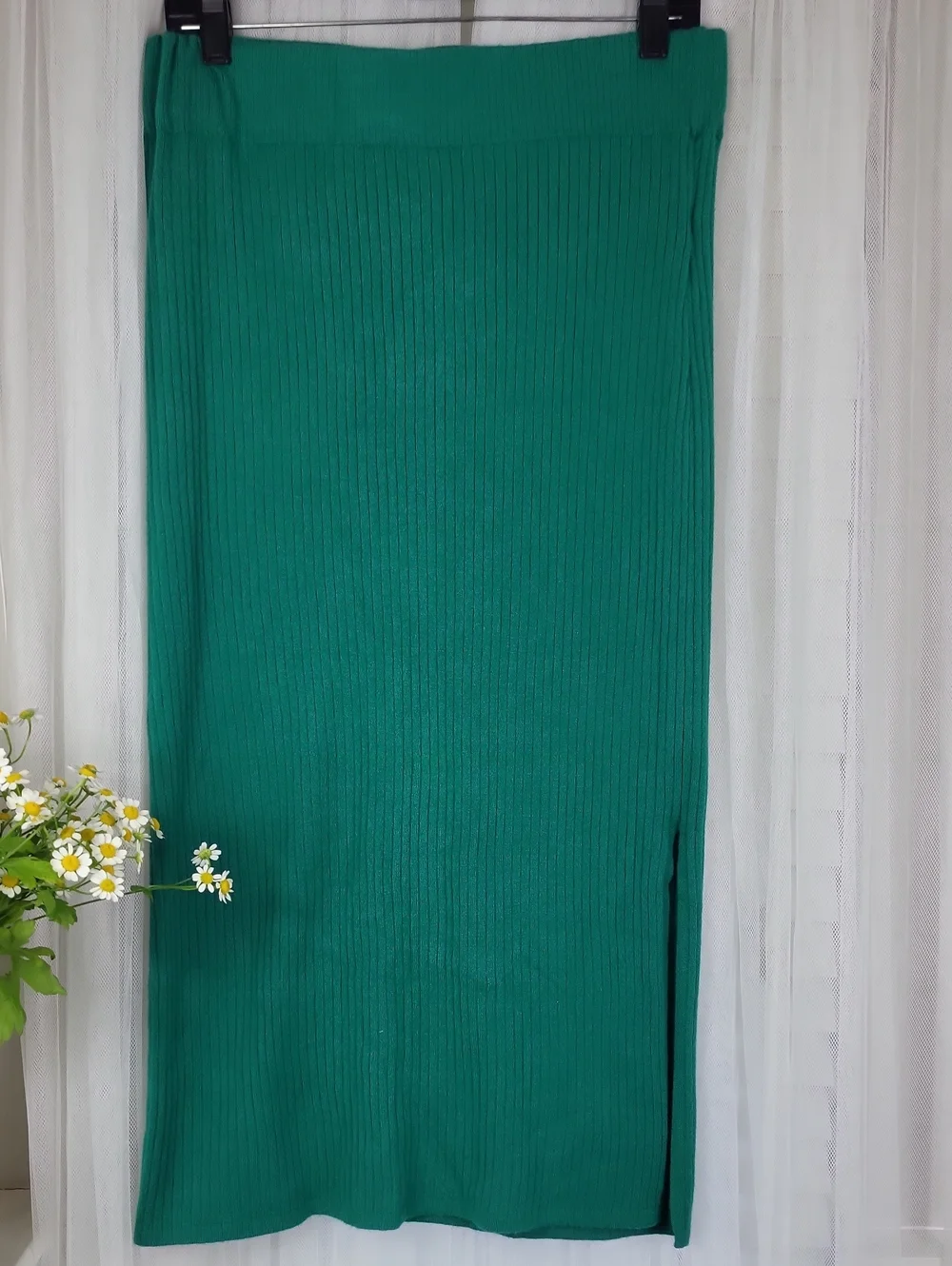 Saturday Sunday Anthropologie Teal Ribbed Knit Midi Skirt. Size L - Picture 2 of 12
